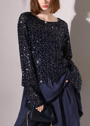 Novelty Navy Sequins Hollow Out Lace Up Knit Tops Fall