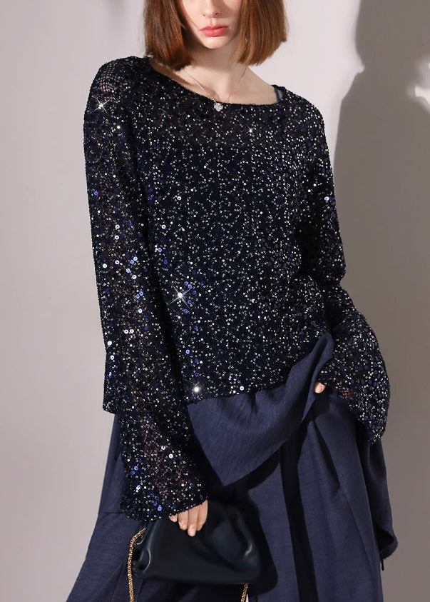 Novelty Navy Sequins Hollow Out Lace Up Knit Tops Fall