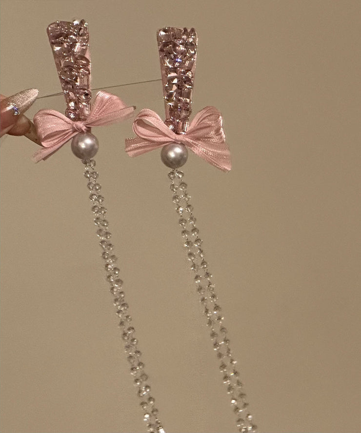 Novelty Pink Alloy Bow Zircon Tassel A Pair Hairpin