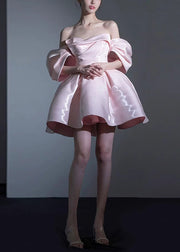 Novelty Pink Cold Shoulder Zippered Silk Princess Dresses Summer