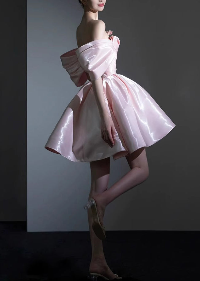 Novelty Pink Cold Shoulder Zippered Silk Princess Dresses Summer