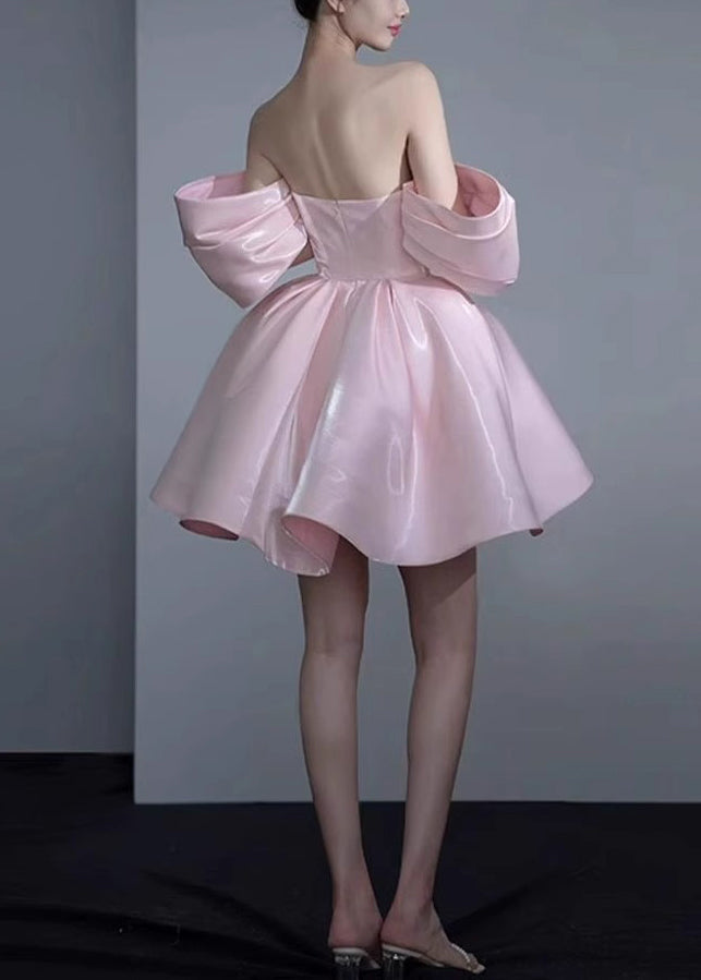 Novelty Pink Cold Shoulder Zippered Silk Princess Dresses Summer
