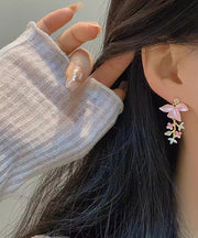 Novelty Pink Copper Zircon Floral Enamel Tassel Drop Earrings