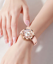 Novelty Pink Leather Zircon Quartz Movement Fully Automatic Machinery Watches