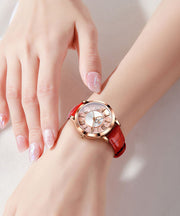 Novelty Pink Leather Zircon Quartz Movement Fully Automatic Machinery Watches