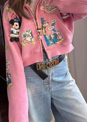 Novelty Pink Oversized Cartoon Print Cotton Hooded Jacket Fall