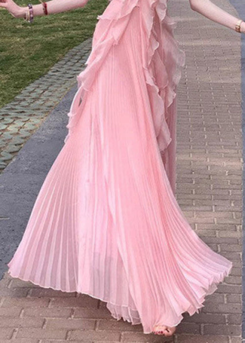 Novelty Pink Ruffled Solid Chiffon Spaghetti Strap Dress Sleeveless