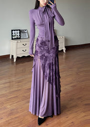 Novelty Purple Lace Up Tulle Patchwork Tops And Skirts Two-Piece Set Spring