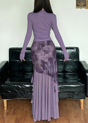 Novelty Purple Lace Up Tulle Patchwork Tops And Skirts Two-Piece Set Spring