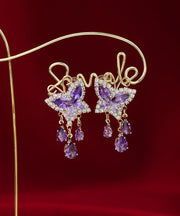 Novelty Purple Sterling Silver Overgild Zircon Crystal Butterfly Love Tassel Drop Earrings