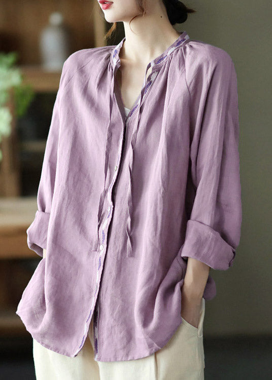 Novelty Purple V Neck Embroideried Neck Tie Linen Shirt Long Sleeve