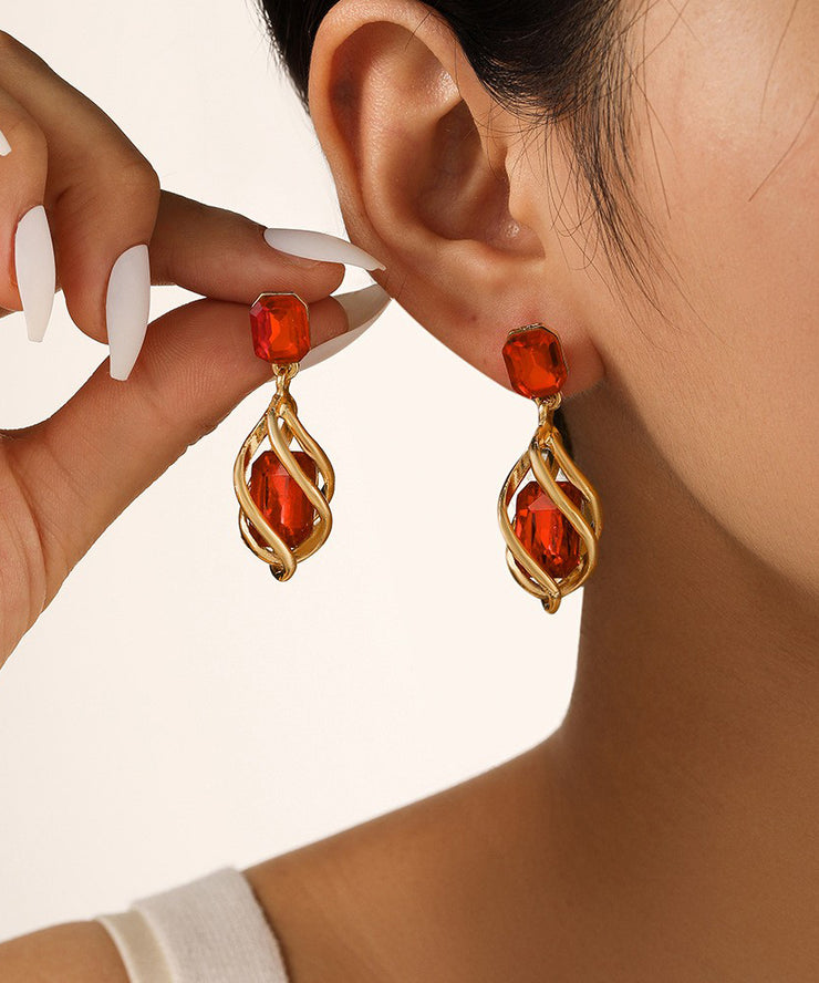 Novelty Red Alloy Zircon Gem Stone Water Drop Drop Earrings