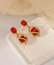 Novelty Red Alloy Zircon Gem Stone Water Drop Drop Earrings