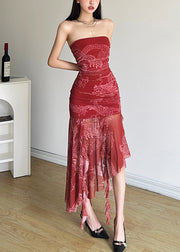 Novelty Red Backless Print Tulle Dress Sleeveless