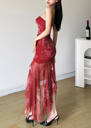Novelty Red Backless Print Tulle Dress Sleeveless