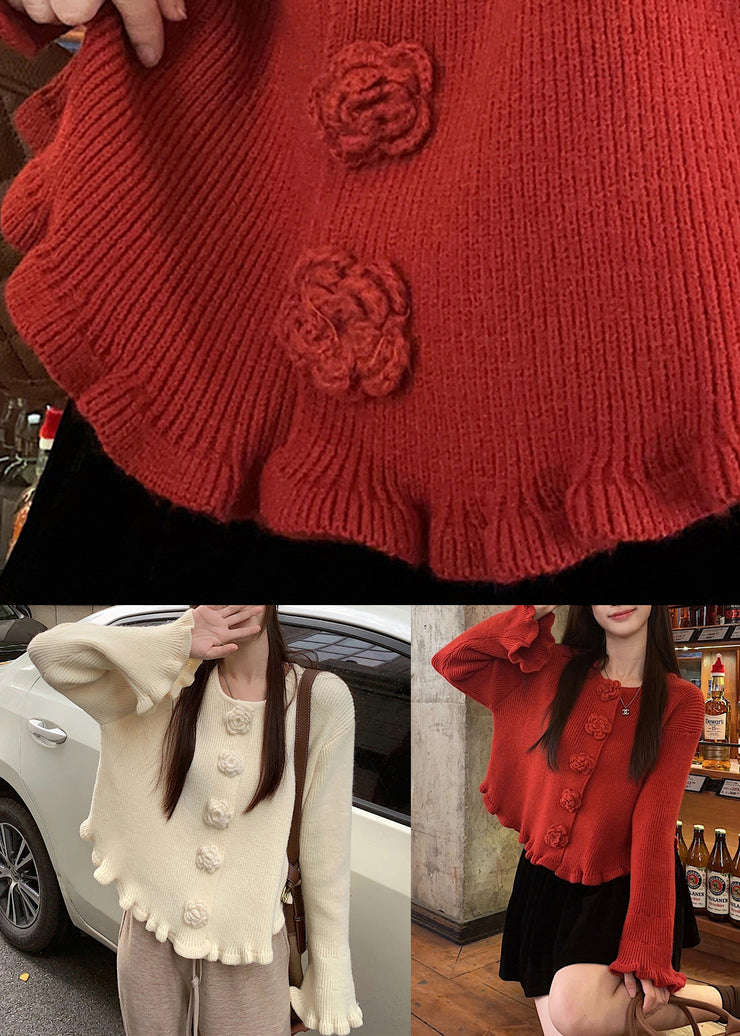 Novelty Red O Neck Floral Solid Knit Sweaters Fall