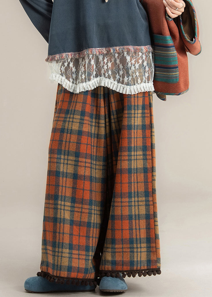 Novelty Red Plaid Pockets Tassel Wide Leg Pants Fall