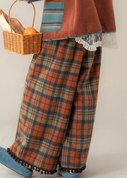 Novelty Red Plaid Pockets Tassel Wide Leg Pants Fall