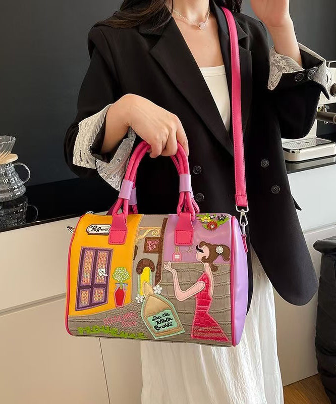 Novelty Rose Embroidered Patchwork Faux Leather Tote Handbag