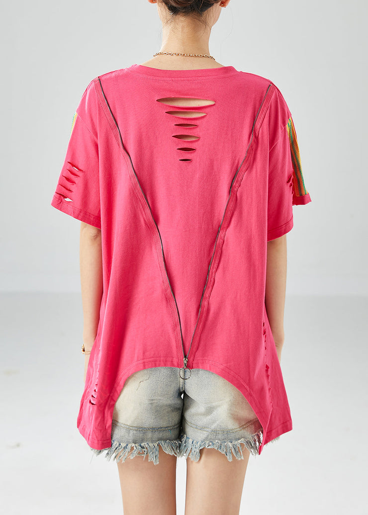 Novelty Rose Hollow Out Print Cotton Ripped Tops Summer