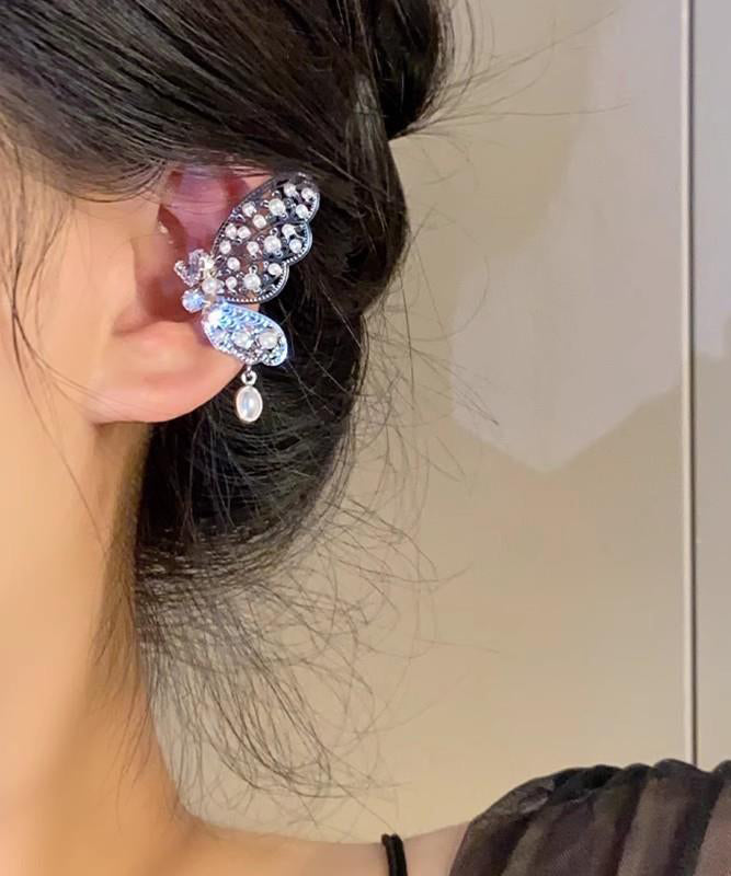 Novelty Silk Copper Zircon Hollow Out Butterfly Water Drop Stud Earrings