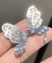 Novelty Silk Copper Zircon Hollow Out Butterfly Water Drop Stud Earrings