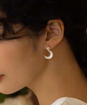 Novelty White Copper Overgild Pearl Moon Stud Earrings
