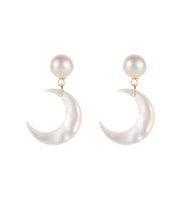 Novelty White Copper Overgild Pearl Moon Stud Earrings