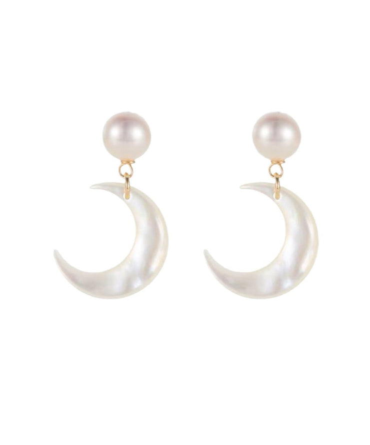 Novelty White Copper Overgild Pearl Moon Stud Earrings