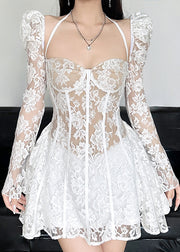 Novelty White Lace Up High Waist Lace Mini Dress Spring