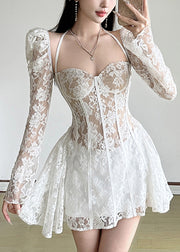 Novelty White Lace Up High Waist Lace Mini Dress Spring