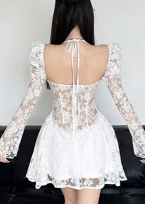 Novelty White Lace Up High Waist Lace Mini Dress Spring