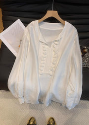 Novelty White O-Neck Patchwork Tassel Chiffon Shirts Fall