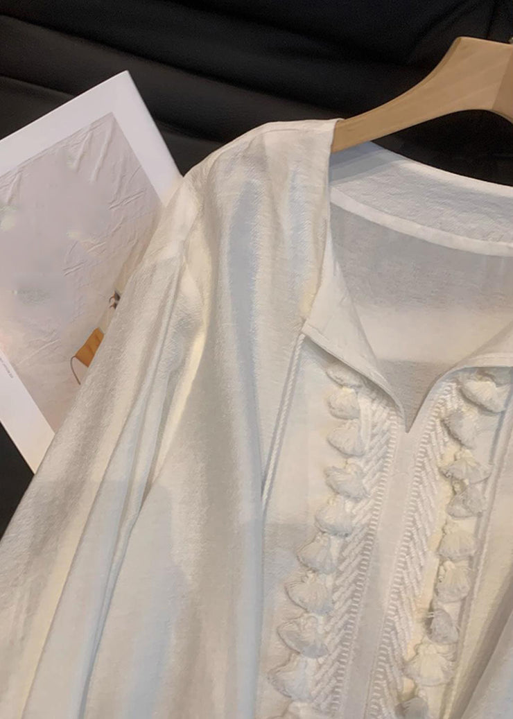 Novelty White O-Neck Patchwork Tassel Chiffon Shirts Fall