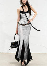 Novelty White Print Zircon Lace Patchwork Maxi Dress Sleeveless