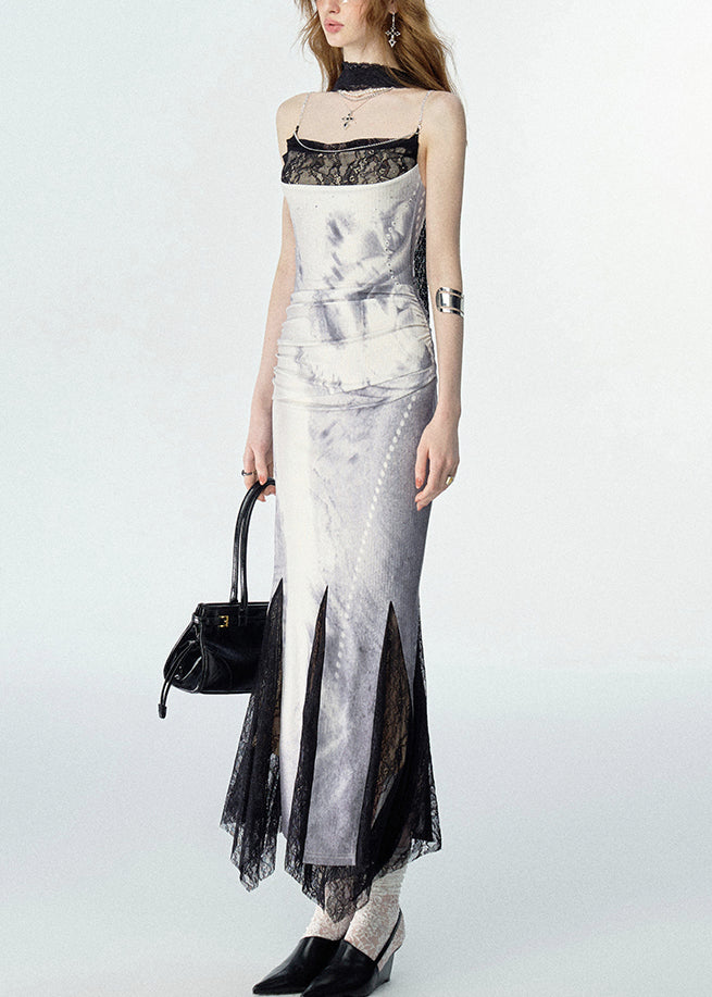 Novelty White Print Zircon Lace Patchwork Maxi Dress Sleeveless