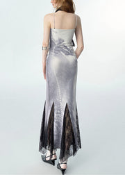 Novelty White Print Zircon Lace Patchwork Maxi Dress Sleeveless