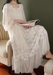 Novelty White Ruffled Lace Solid Tulle Pajamas Long Dress Spring