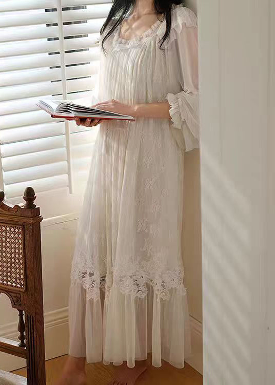 Novelty White Ruffled Lace Solid Tulle Pajamas Long Dress Spring