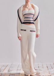 Novelty White Striped Patchwork Cotton Knit Cardigans, Top And Straight PantsTwo Pieces Sets Fall