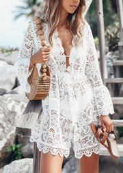 Novelty White V Neck Solid Lace Mini Dresses Summer