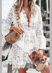 Novelty White V Neck Solid Lace Mini Dresses Summer