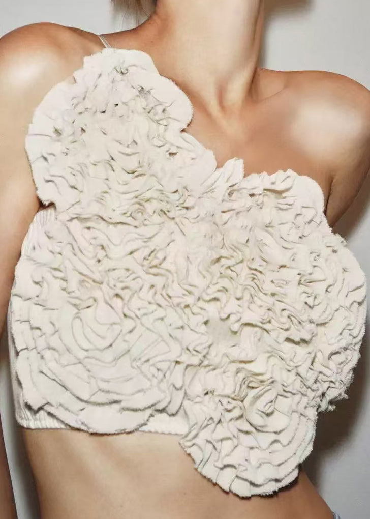 Novelty White Wrinkled Solid Cotton Spaghetti Strap Tank Sleeveless