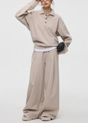 Oatmeal Button Tops And Wide Leg Pants Cashmere Two Pieces Set Peter Pan Collar