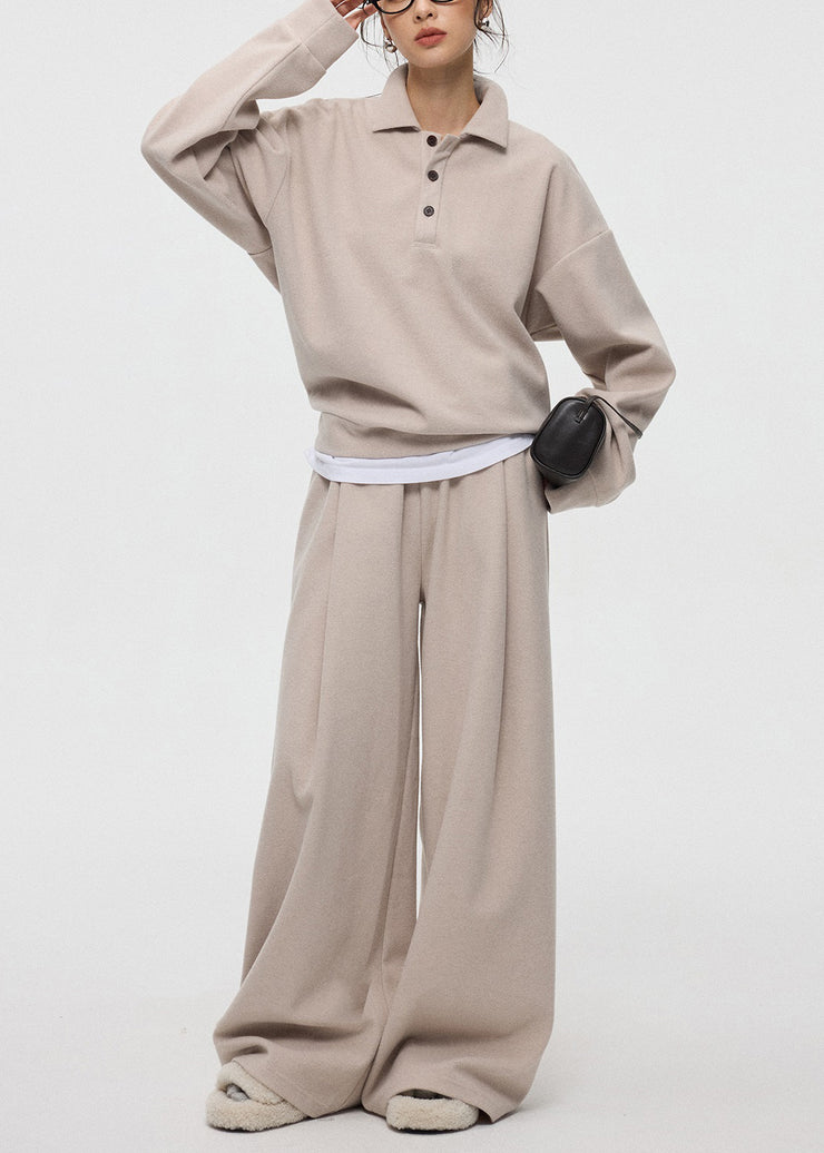 Oatmeal Button Tops And Wide Leg Pants Cashmere Two Pieces Set Peter Pan Collar