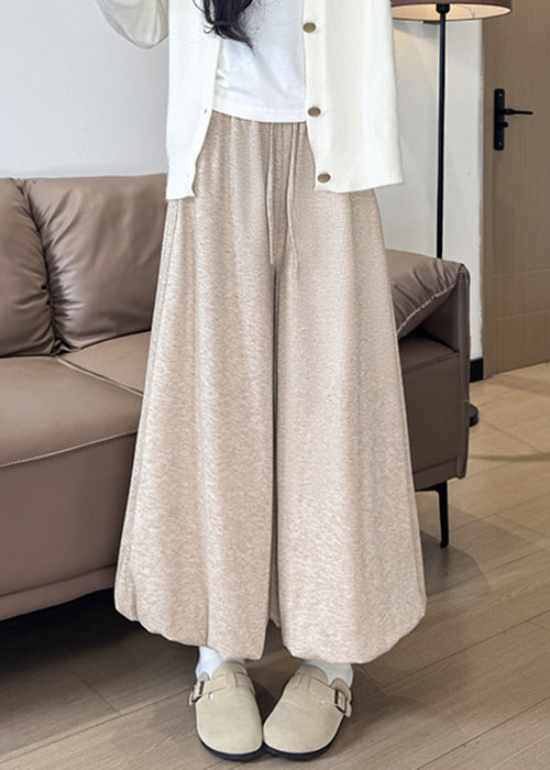 Oatmeal Elastic Waist Solid Cotton Wide Leg Pants Pockets