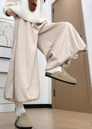 Oatmeal Elastic Waist Solid Cotton Wide Leg Pants Pockets