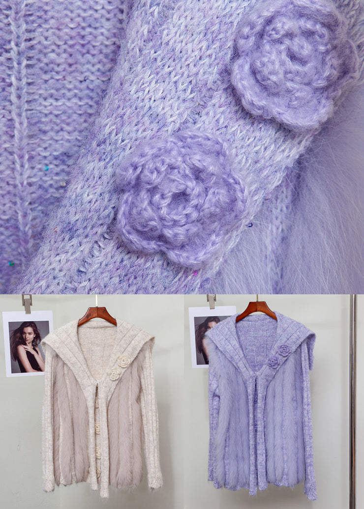 Oatmeal Floral Patchwork Knit Winter Sweaters Fox Fur