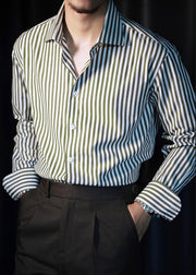 Olive Green Button Cotton Fall Men Shirts Peter Pan Collar