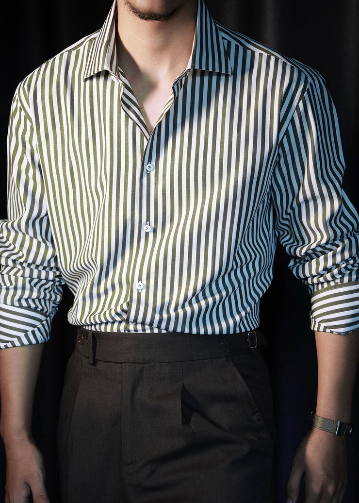 Olive Green Button Cotton Fall Men Shirts Peter Pan Collar